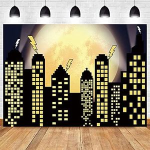 Superhero Super City Photography Backdrops Skyline Buildings City Boom Full Moon Bat Photo Background 5x3ft Vinyl Children Birthday Party Banner Photo Studio Booth Cake Table Decor