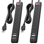 Cable Matters 2 Pack, 6-Outlet Surge Protector Power Strip with 8-Foot Cord and Dual USB Charging Ports Black