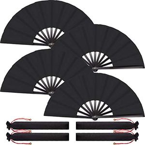 Maitys 4 Packs Large Folding Hand Fans Festival Tai Ji Fan Chinese Folding Rave Fan Handheld Renaissance Fan Martial Art Fans for Men and Women, Dance, Decorations, Festival, Gift (Black)