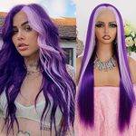 Maycaur Purple Lace Front Wig Long Straight Hair Light Purple Ombre Wig Glueless Synthetic Lace Front Purple Wigs for Women Highlights Wig