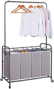 STORAGE MANIAC 181L Laundry Sorter with Hanging Bar, Portable, Removable Laundry Hamper Cart with Heavy Duty Rolling Lockable Wheels and Removable Bags, Rolling Laundry Basket Organizer, 4 Section