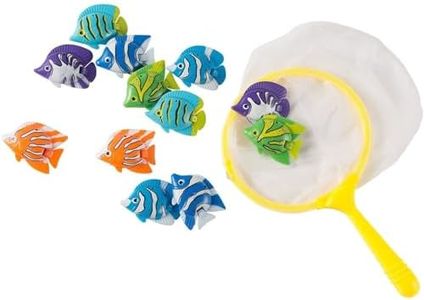 BLUE PANDA 13 Pieces Pool Diving Toys for Kids, 12 Plastic Fish with Net for Summer Swimming Games