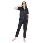 ARENDELLE Women's Satin Solid Night Suit Shirt & Pyjama Set in Black [ANSFP-HS-S10-S]