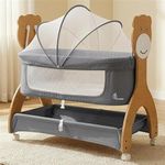 R for Rabbit Lullabies Woodsy 2 in 1 Manual Swing Wooden Cradle Newborn Baby Convertible Cot Bassinet with Mosquito Net, Lockable Wheels & Storage Space for Kids 0-12 Months, Upto 12 Kg (Dark Grey)