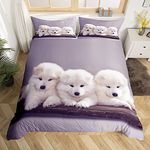 Erosebridal Dog Printed Bedding Set Queen Size White Dog Duvet Cover Set 3D Animal Theme Comforter Cover 3 Little White Dogs Pattern Decor Bedspread Cover for Kids Teens Boys White Dog Quilt Cover