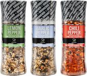 Soeos Spice Seasoning Set of 3 with Integrated Grinders, Grilling Spice, Pepper Grinder, Chili Pepper, Garlic Pepper, Lemon Pepper, Gift Set