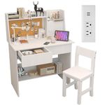 SFDOU White Desk and Chair Set for 5-12 Year Old, Drawing Desk with Wooden Tabletop Paper Roll Dispenser, Study Table with Drawers and Storage Shelf-4Oxj