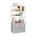 Vermess 4-Tier Bookshelf with 3 Drawers, Vertical Dresser Organizer, Storage Shelf for Books, Photos, Decorations in Living Room, Office, Bedroom,Kitchen, Sturdy Metal Frame,Wood Top，White