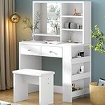 SDHYL Vanity Table Set with Power Outlet, Makeup Vanity Desk with Stool & Mirror, 31.5 inch White Vanity Table with Drawer and Shelves for Girls