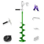 Longrun 8 Inch Ice Auger, 39.37 Inch Extended for Drilling Deep Ice Fishing Holes, Auger Drill Bit for Ice Post Hole Digger w/Interchangeable Sharp Blade & Cover, Ice Auger Adapter with Handle-Green