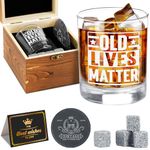 Old Lives Matter Whiskey Gifts Set for Men, Funny Unique Birthday Retirement Gifts for Him, Dad, Grandpa, Husband-11Oz Old Fashioned Whiskey Glass & Wood Box & Stone & Coaster