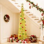 BrilliantJo Christmas Tree 5ft Artificial with Light and Topper Star Ball Pop Up Collapsible Stand for Xmas Holiday Party Decorations, Home Office Display, 150cm, Gold