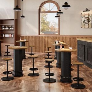 Tribesigns Round Commercial Dining Table Set of 6, 23.6" Heavy Duty Bar Table with Chairs, Wooden Kitchen Table for Restaurant, Cafe, Bakery, Apartment, Rustic Brown & Black