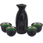 Sake Set Japanese Sake Cup Set Traditional Hand Painted Design Porcelain Pottery Ceramic Cups Crafts Wine Glasses 5 Piece (Black Classic)