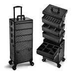 Professional 5 in 1 Makeup Trolley Box Vanity Rolling Case 5 Tiers Cosmetic Organiser Box On Wheels Beauty Storage Case Trolley Salon Hairdressing Trolley Lockable with Locks, Diamond Black