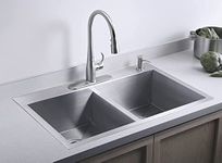 EVANEX 37" x 18" x 10" HANDMADE MATT FINISH DOUBLE BOWL WITH TAP HOLE (FAUCET PLACEMENT) 304 GRADE STAINLESS STEEL KITCHEN SINK With Silicon Basket