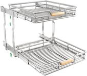 Pull out Cabinet Organizer(23"W X 21"D)-2 Tier, Heavy-Gauge Chrome Frame, Full-Extension Slide Rails, Height-Adjustable, Stylish Wooden Handle, Easy Installation for Kitchen Cabinet Organizer