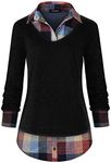 Oyamiki Women's Contrast Plaid Collar 2 in 1 Blouse Tunic Tops Black S