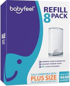 Babyfeel Refills for DEKOR PLUS Diaper Pails, 8 Pack, Exclusive 30% Extra Thickness, Fresh Powder Scent, Holds up to 4640 Diapers