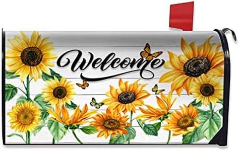 Sunflowers Welcome Mailbox Cover Standard Size 18x21 Inch Vintage Flowers Mailbox Cover White Wood Magnetic Mailbox Covers Post Wraps Letter Box Cover for Home Garden Yard Decor