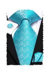 Hi-Tie Men Ties Sets Silk Stripe Paisley Necktie Pocket Square Cufflinks for Business Wedding, Light Aqua, Medium