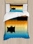 Ambesonne Fishing Duvet Cover Set, Buddies on Tranquil Still Lake at Epic Sunset Fishing Male Friends Bond Friendship, Decorative 2 Piece Bedding Set with 1 Pillow Sham, Twin Size, Orange Blue