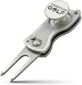 Aiming Fluid Golf 5-in-1 Divot Repair Tool with Ball Marker, Groove Cleaner, Club Tee, Putting Alignment, Switchblade Design – Premium Golf Gift and Accessory (Silver Divot Tool)