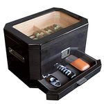 Octodor Large Black Piano Finish Glass Top Cedar Humidor with Digital Hygrometer, Humidification System, and Accessory Drawer - Holds (50-100 Cigars) by Case Elegance