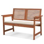 DORTALA Wooden Patio Bench, 2-Person Outdoor Loveseat Chair with Cushion, Slatted Wood Frame for Balcony Porch Garden, Creamy White