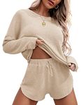 Ekouaer Womens Waffle Knit Pajama Sets Long Sleeve Top and Shorts Matching Lounge Set Sleepwear Loungewear Sweatsuit with Pockets Nude Medium