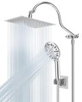 Hibbent 12'' All Metal Shower Head, High Pressure Rainfall Shower Head, Handheld Showerhead Combo, 12'' Adjustable Curved Shower Extension Arm, 7-Spray, 71'' Hose, Adhesive Showerhead Holder, Chrome