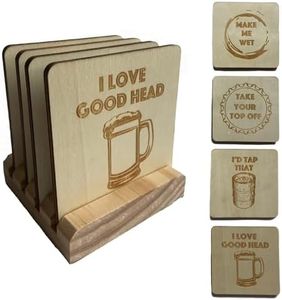 Funny Beer Themed Wooden Coasters with Holder | Set of 4 Gag Gift Coasters with Laser Engraved Designs | Unique Rustic Modern Bar Decor & Accessories for Mancave or Home Bar Sense of Humor Required