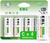 EBL Rechargeable C Batteries, 5000mAh Ni-MH High Capacity C Cell Battery New Retail Package, Pack of 4