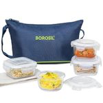 Borosil Glass Daisy Microwave Safe Office Tiffin Lunch Box (Blue, 2 pcs 320 ml Square, 2pcs 240 ml Round) -Set of 4