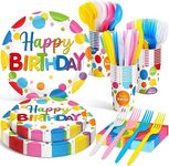 Meanplan Serves 24 Guests Happy Birthday Plates and Napkins Rainbow Polka Dot Birthday Tableware Set Rainbow Dot Birthday Party Decorations for Kids Included Cups Knives Forks Spoons Total 168 Pcs