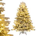 COSTWAY 4.5FT/6FT Pre-Lit Christmas Tree, Snow Flocked Artificial Xmas Trees with Warm White LED Lights, PE & PVC Branch Tips, Foldable Metal Base, Xmas Holiday Decor for Home Office