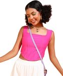 POPWINGS Women Casual Pink Corset Crop Top