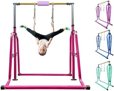 kechery Foldable & Moveable Gymnastics Horizontal Bar with Rings,3’to 5’Adjustable Height Expandable Junior Kip Bar for Home,Indoor Gym Equipment for Kids(Foldable Pink with Rings)