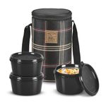 MILTON Lofty Lunch Box with Insulated Fabric Bag, Microwave Safe & Leak Proof, 3 Inner Steel Containers with BPA Free Lids (1 x 320 ml, 2 x 450 ml Each) for Office, School, College - Black