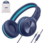 SIMOLIO Headphones Wired for Kids School Travel, Safe Volume 85dB/94dB/104dB, Over-Ear Boys Headphones with Microphone & Shareport, Foldable Durable & Adjustable Headset for Teens Adult Blue