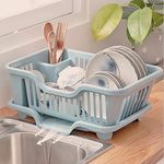 wolpin Plastic Dish Drainer Drying Rack 3 in 1 Kitchen Sink Organisers Water Drain Tray, Cutlery Spoon Holder, Washing Sink Basket Utensils Plate, Blue- 18D x 27.5W x 44.5H Centimeters