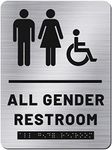 All Gender Bathroom Sign Brushed Unisex and Handicap Braille Restroom Sign by Ada Compliant Wheelchair Bathroom Sign Raised Icons Grade 2 Braille Modern Restroom Signs for Offices (Silver, Simple)