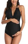 SUMMERSUNSHINE Maternity One Piece Halter Swimwear Pregnancy V-Neck Bathing Suit Maternity Beach Wear Bikini, Solid Black, X-Large