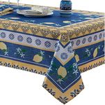 Home Bargains Plus Provence Blue Lemon Mediterranean Garden Country French Fabric Tablecloth, Indoor Outdoor, Stain and Water Resistant, Wrinkle Free Tablecloth, 60” x 144” Oblong/Rectangle