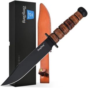 ZhengSheng 8.0 inches Full Tang Fixed Blade Knife, Black Titanium PVD Coating DC53 Steel Blade Hunting Knife with Leather Sheath, Ergonomic Handle Bushcraft Bowie Knife for Camping, Hiking