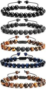 LOWNOUR Bracelets for Men 5pcs Tiger Eye Mens Bracelet Gifts for Men Handmade Adjustable Lava Rock Stone Mens Beaded Bracelets