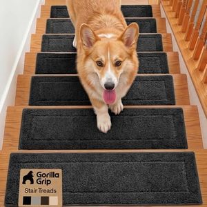 GORILLA GRIP Peel and Stick Stair Treads,15 Pack, for Wooden Steps, Multi-Surface Use, Machine Washable Carpet Runners, Indoor Rugs for Stairs, Pet Friendly, Universal Size, Black, 8x28 Inches