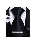 DiBanGu Solid Color Black Necktie and Pocket Square Cufflinks Tie Clip Sets for Men Silk Formal