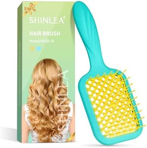 SHINLEA Vented Detangler Brush for Curly Thick Hair, Women Hairbrush with Soft Wave-Shaped Bristles, Curl Detangling Brush for Swimming Beach, Yellow and Blue