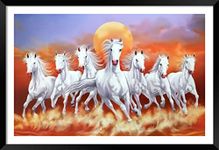 Canvas Pe 7 running horses vastu painting blessing lucky white horse photo frame modern art with lamination art for livingroom office decor 14x20 inch gift item synthetic wood (Mix White)